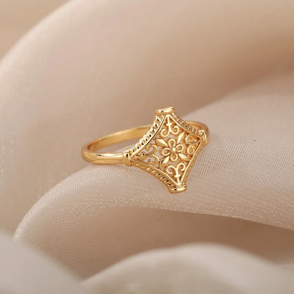 Vintage Hollow Flower Rings For Women Men Stainless Steel Gold Color Ring