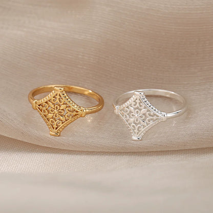 Vintage Hollow Flower Rings For Women Men Stainless Steel Gold Color Ring