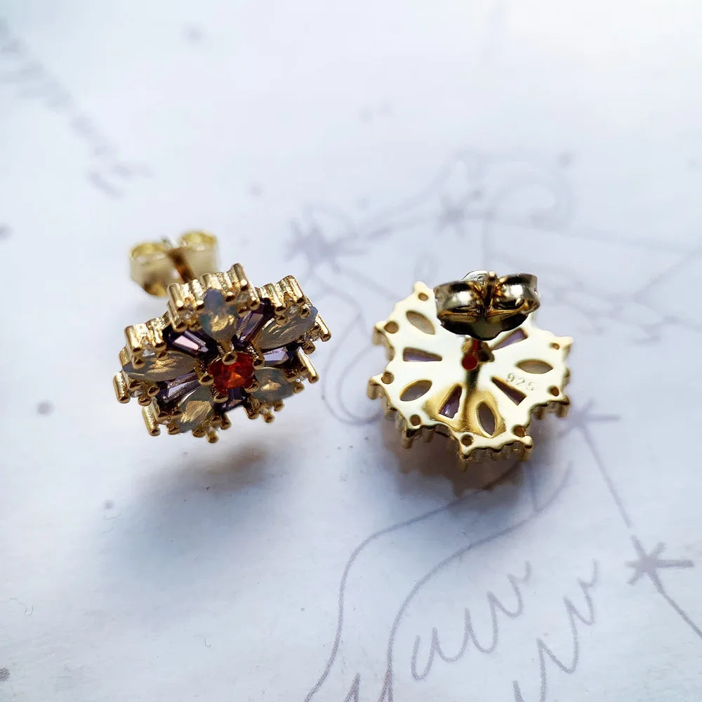 Stud Earrings Flower Colourful Stones Golden Jewel For Women