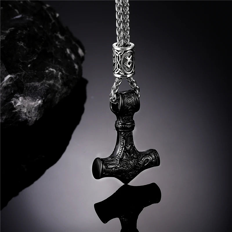 Vikings Thor's Hammer Amulet Necklace Stainless Steel Chain for Men