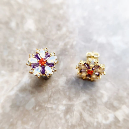 Stud Earrings Flower Colourful Stones Golden Jewel For Women