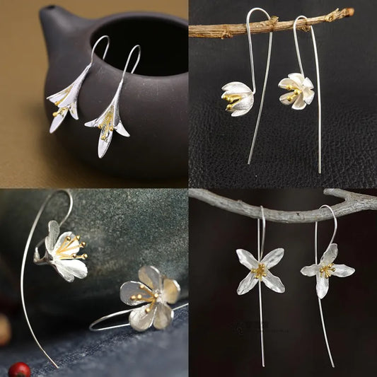 Imitation silver Long Flower Earrings For Women