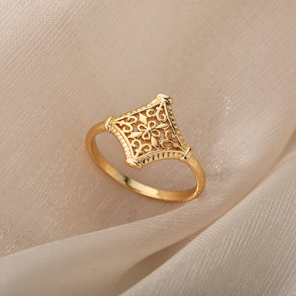 Vintage Hollow Flower Rings For Women Men Stainless Steel Gold Color Ring