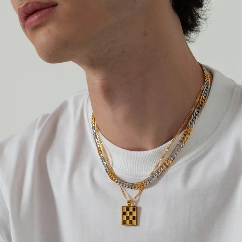 GOLD Colour Checked Necklace Men