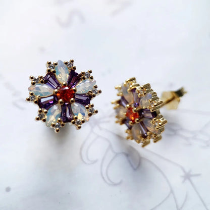 Stud Earrings Flower Colourful Stones Golden Jewel For Women