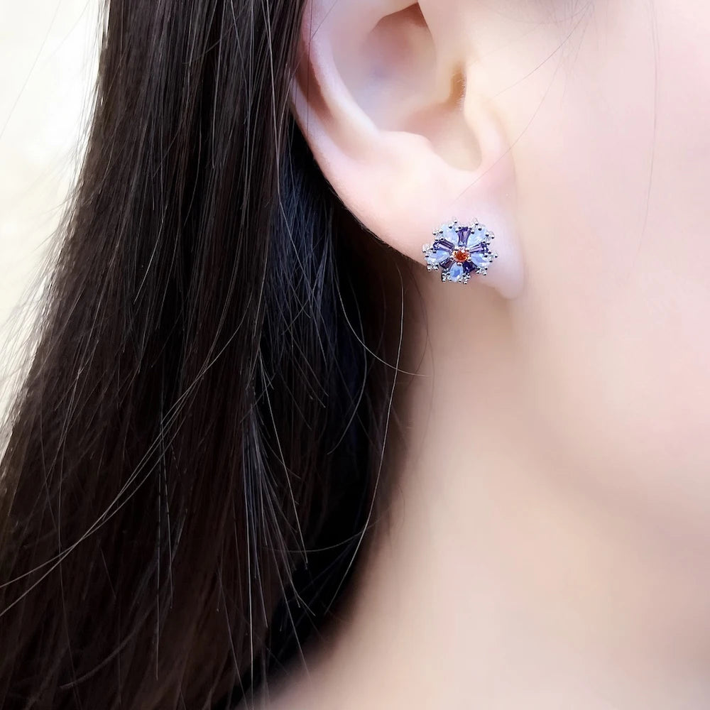 Flower With Stones Stud Earrings Fine Jewel For Women