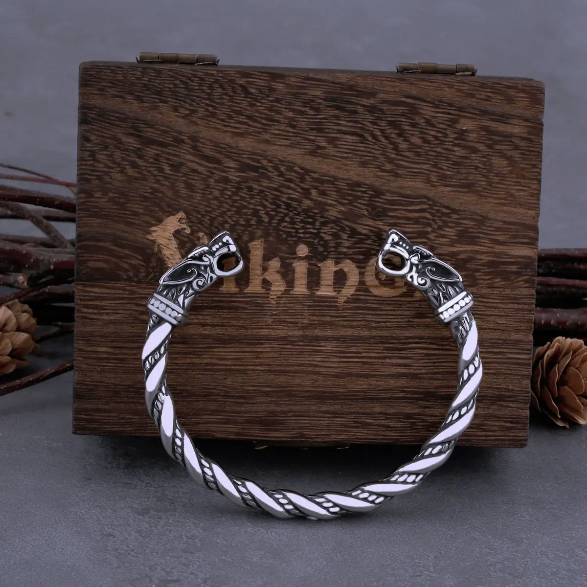 Stainless Steel Nordic Viking Norse Dragon Bracelet Men Wristband Cuff Bracelets with Viking Wooden Box