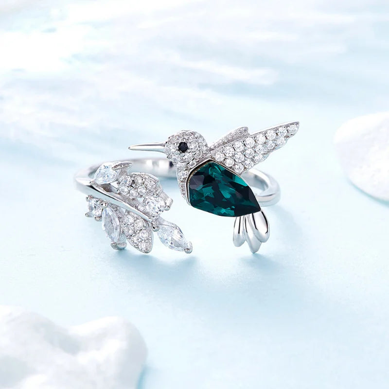 Elegant Natural Blue Stone Adjustable Hummingbird Rings for Women Glass Filled Rings Female Engagement Wedding Party Jewellery