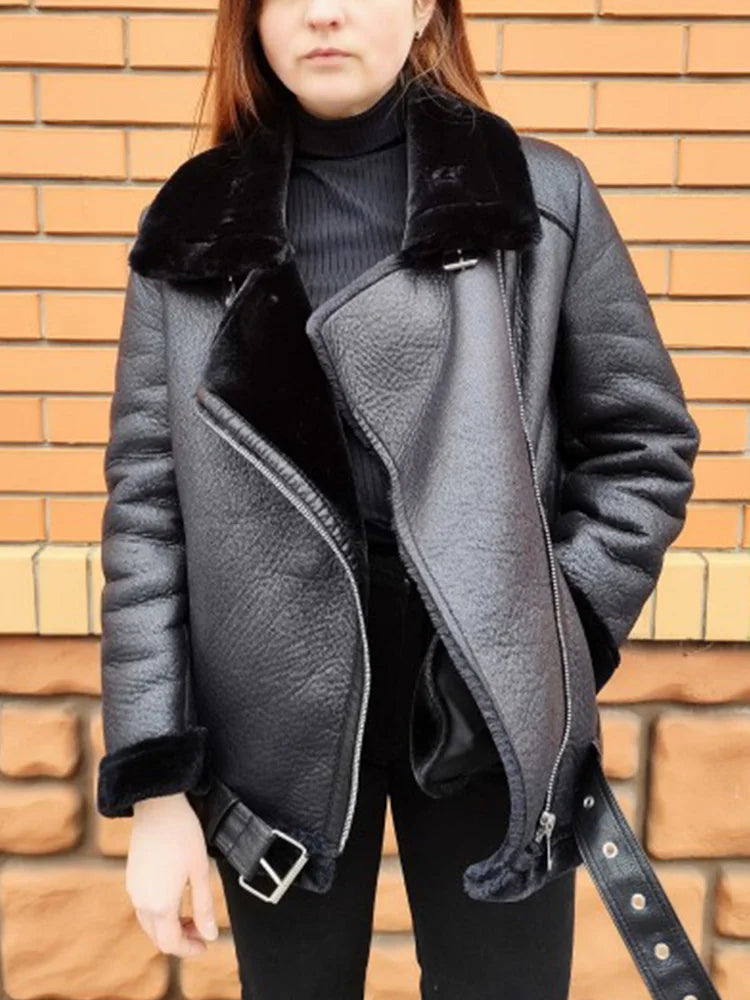 Winter Coats Women Fur Leather Jacket Aviator Outwear