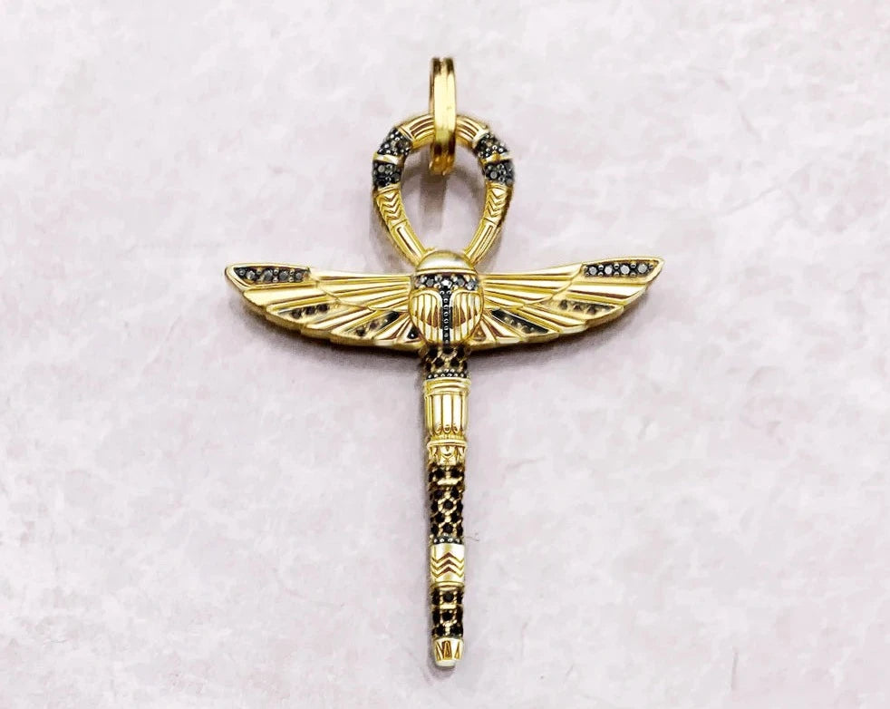 Cross of Life Ankh With Scarab Golden Pendant Vintage  Protective Amulet For Woman & Men