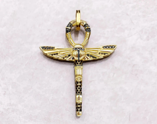 Cross of Life Ankh With Scarab Golden Pendant Vintage  Protective Amulet For Woman & Men