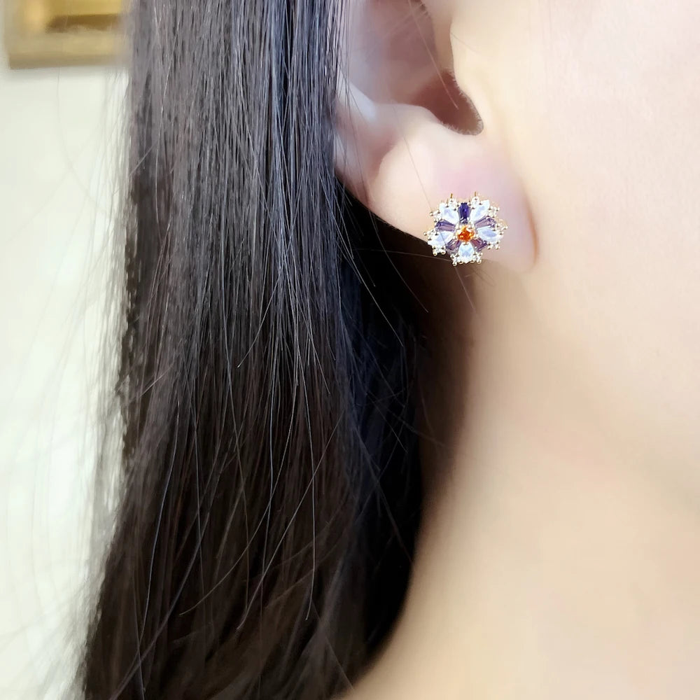 Stud Earrings Flower Colourful Stones Golden Jewel For Women