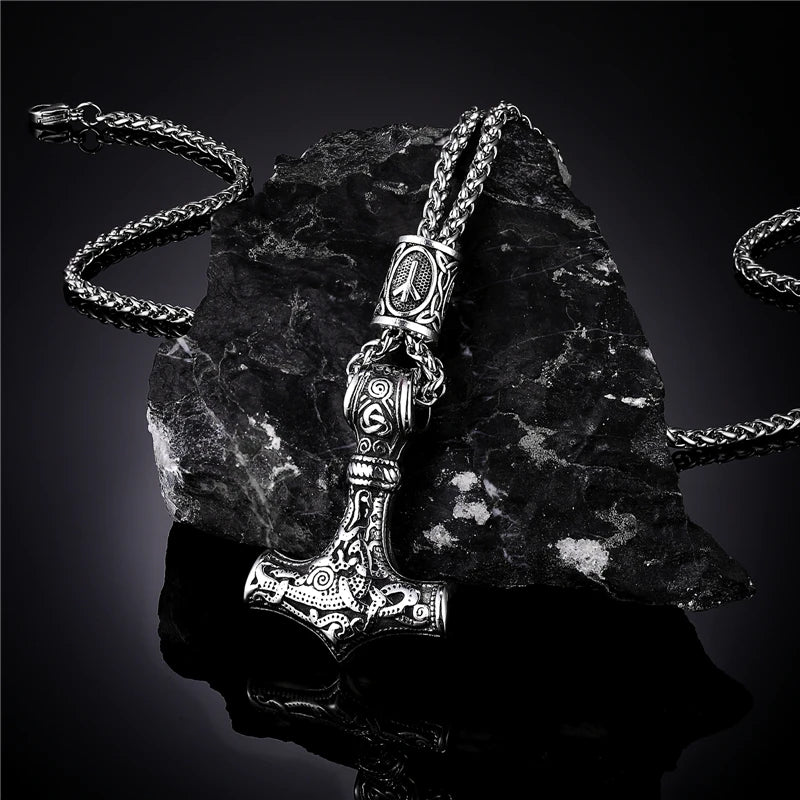 Vikings Thor's Hammer Amulet Necklace Stainless Steel Chain for Men