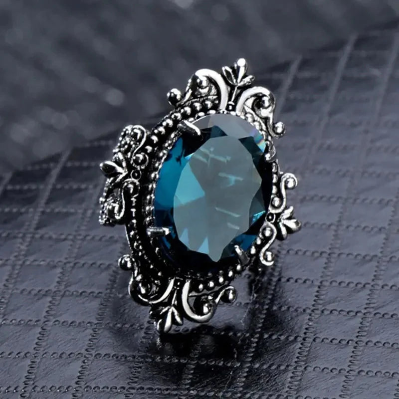 Huitan Carved Pattern Vintage Women Rings with Oval Blue Stone