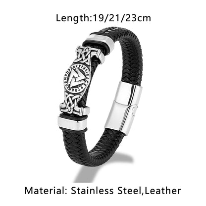 Leather Bracelet Men Stainless Steel Knot Valknut Bangle