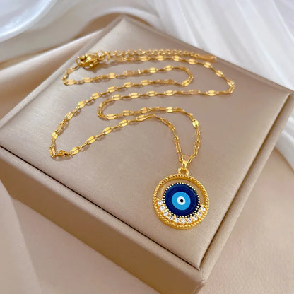 Stainless Steel Round Blue Eyes Pendant Necklace For Women