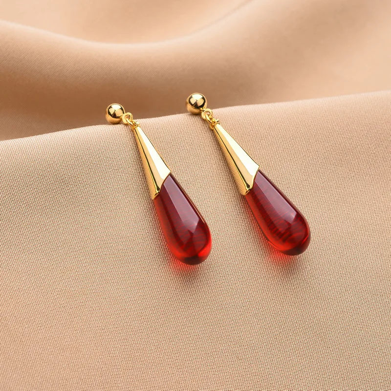 Red Resin Water Drop Metal Earrings For Women Retro Jewellery Vintage