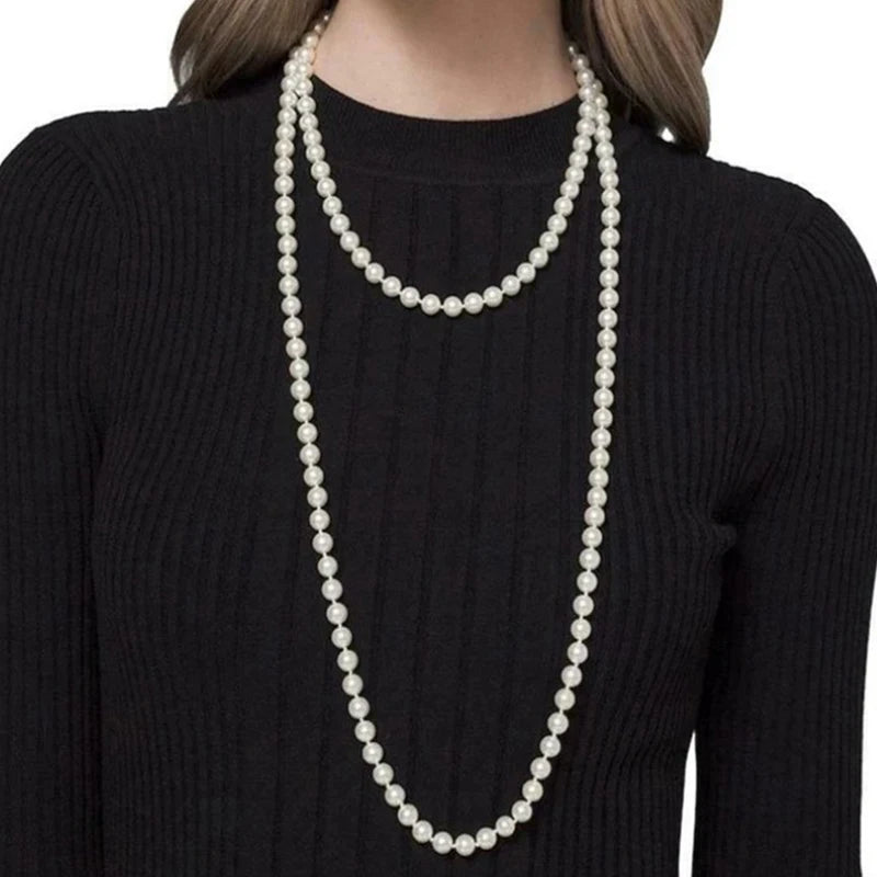 Long Cream Glass Necklace For Women Imitation Pearl Jewellery