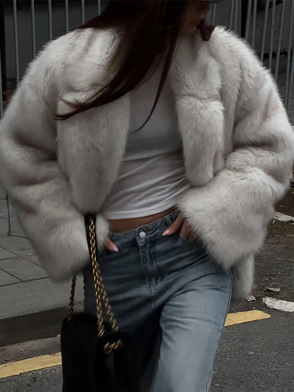 Women Fashion Faux Fur Coats Vintage Solid Loose Long Sleeve Warm Flurry Coats Autumn Winter