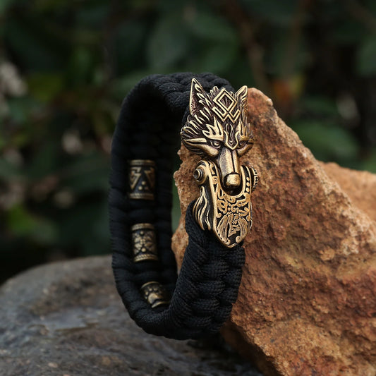 Men's Rope Bracelet With Bronze Coloured Stainless Steel Wolf Head