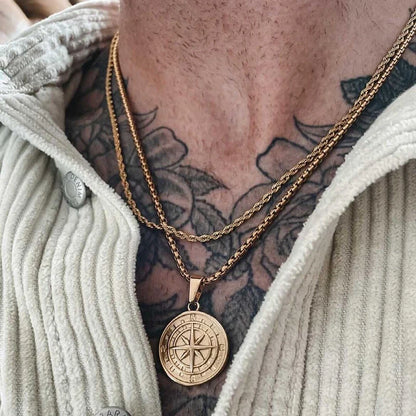 Gold Colour Men's Compass Necklaces - Vintage Viking Stainless Steel Pendant