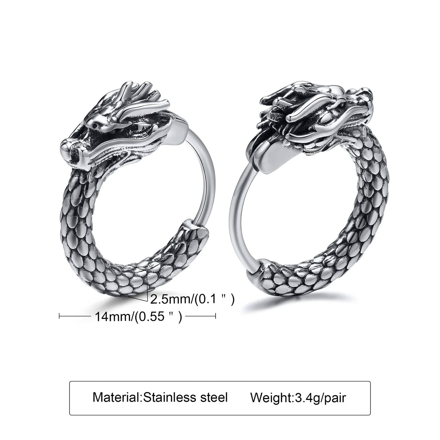 Retro Dragon Head Vintage Stainless Steel Men Hoop Earrings