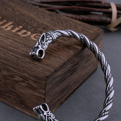 Stainless Steel Nordic Viking Norse Dragon Bracelet Men Wristband Cuff Bracelets with Viking Wooden Box