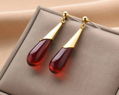 Red Resin Water Drop Metal Earrings For Women Retro Jewellery Vintage