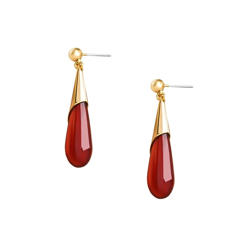 Red Resin Water Drop Metal Earrings For Women Retro Jewellery Vintage