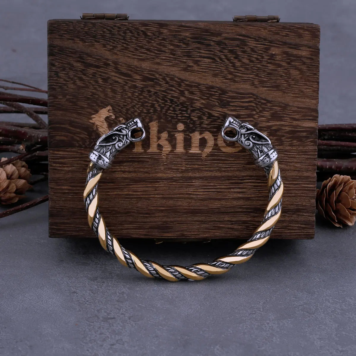 Stainless Steel Nordic Viking Norse Dragon Bracelet Men Wristband Cuff Bracelets with Viking Wooden Box