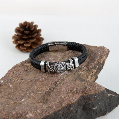 Leather Bracelet Men Stainless Steel Knot Valknut Bangle