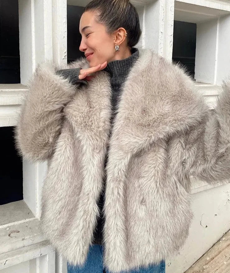 Faux Fur Jacket For Women Elegant Solid Lapel Long Sleeve Coat Winter