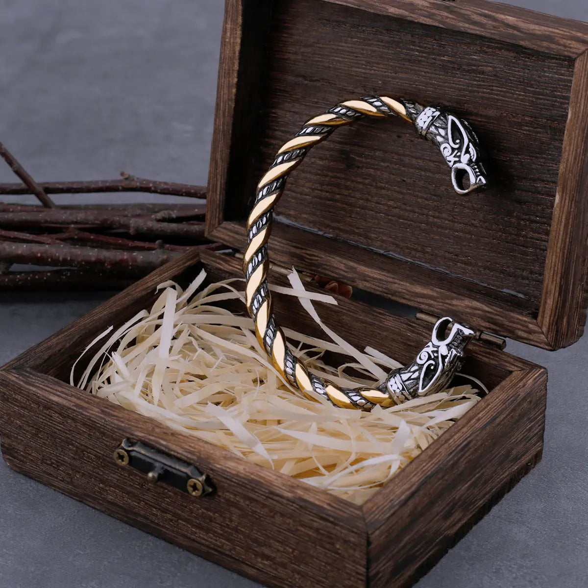 Stainless Steel Nordic Viking Norse Dragon Bracelet Men Wristband Cuff Bracelets with Viking Wooden Box