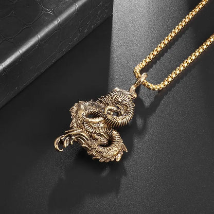 Retro Dragon Pendant Gold Color Necklace Men and Women