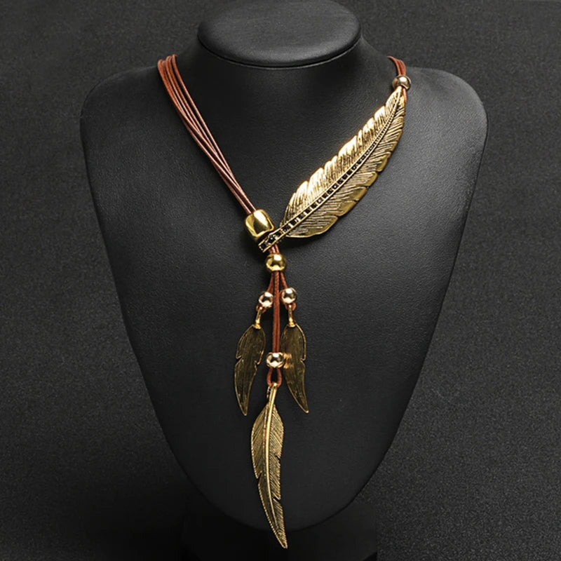 Gold Color Rope Chain Leaf Feather Pattern Pendant for Women