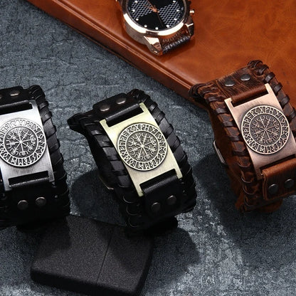 New Trendy Wide Leather Compass Bracelet for Men