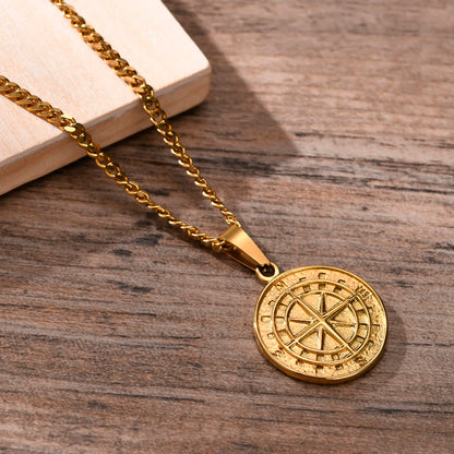 Gold Colour Men's Compass Necklaces - Vintage Viking Stainless Steel Pendant