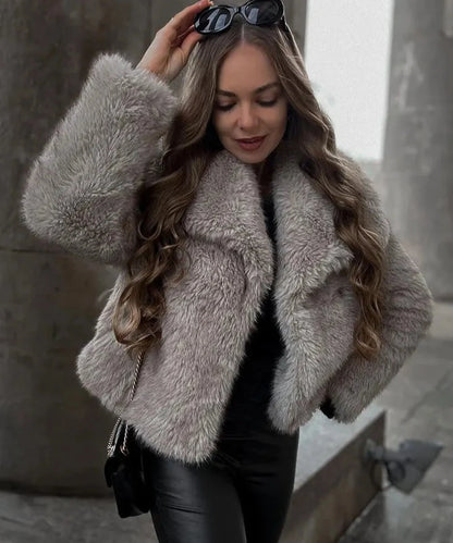 Faux Fur Jacket For Women Elegant Solid Lapel Long Sleeve Coat Winter