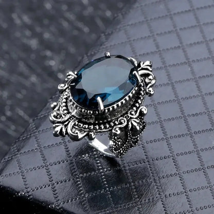 Huitan Carved Pattern Vintage Women Rings with Oval Blue Stone