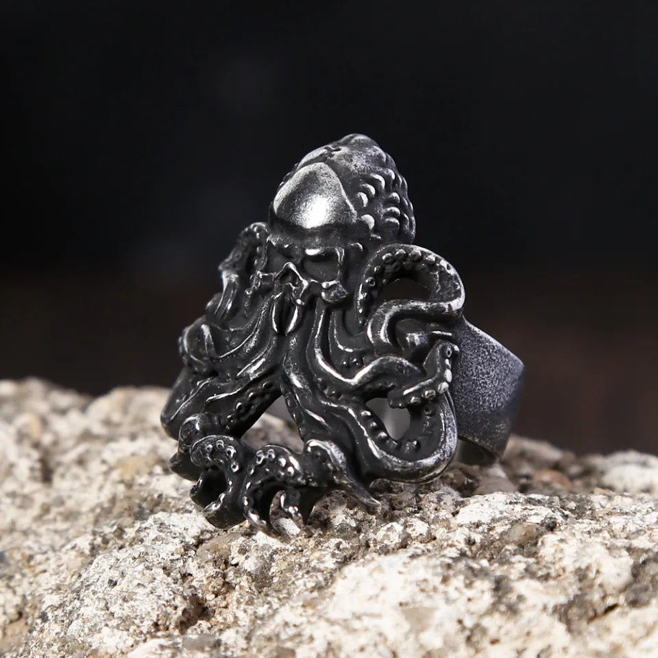 Unique Vintage Stainless Steel Black Octopus Rings for Men