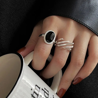 Silver Geometric Black Stone Rings for Women