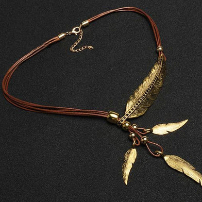 Gold Color Rope Chain Leaf Feather Pattern Pendant for Women