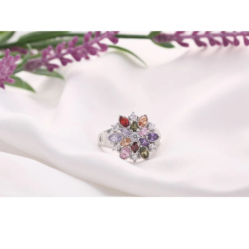 Silver Color Jewellery Colourful Flower Design Cute Style Women