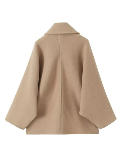 Shirt Collar Cape Sleeves Pocket Wool Short Coat Women