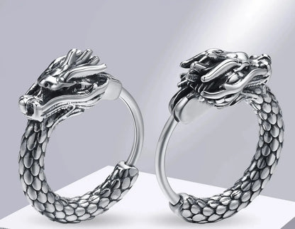 Retro Dragon Head Vintage Stainless Steel Men Hoop Earrings