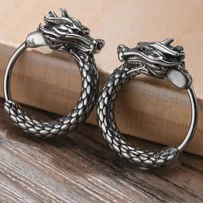 Retro Dragon Head Vintage Stainless Steel Men Hoop Earrings