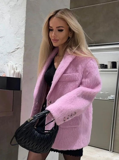 Women Pink Lapel Wool Jackets