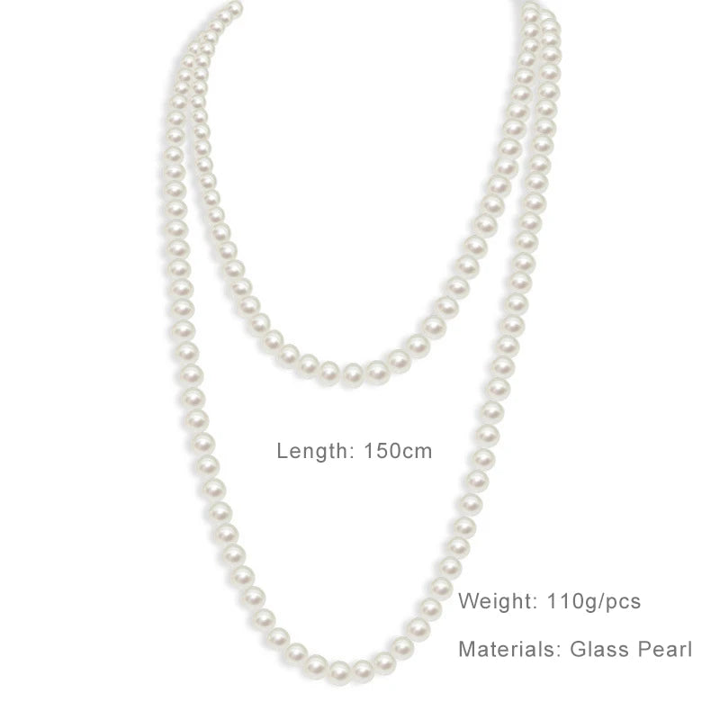 Long Cream Glass Necklace For Women Imitation Pearl Jewellery