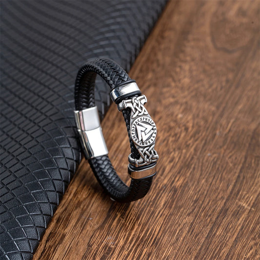 Leather Bracelet Men Stainless Steel Knot Valknut Bangle