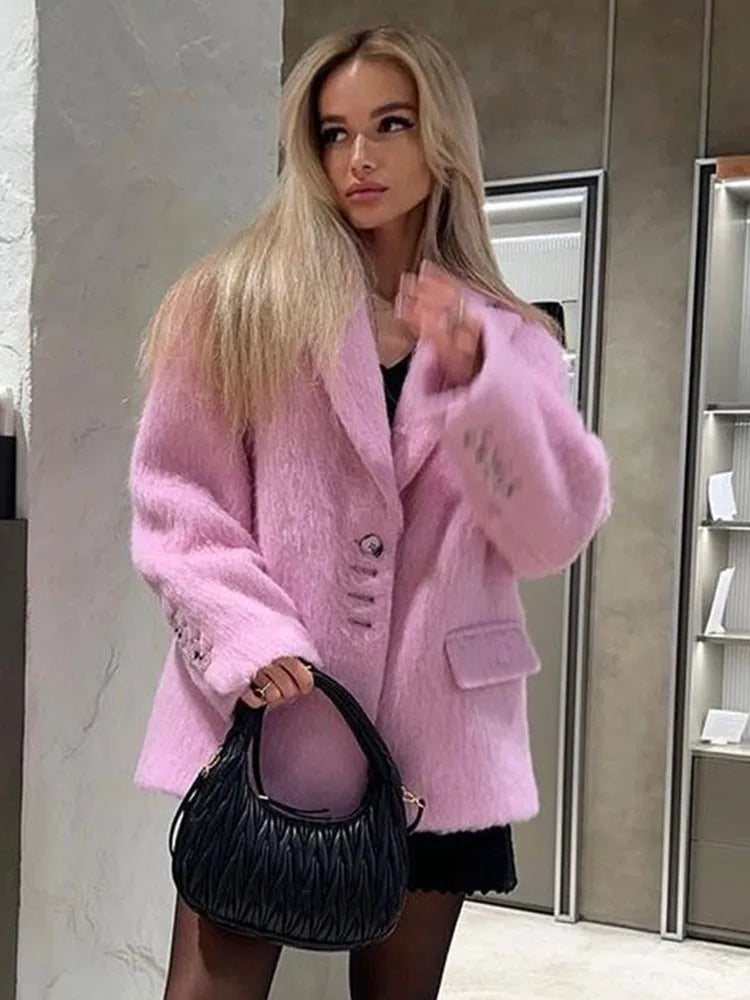 Women Pink Lapel Wool Jackets